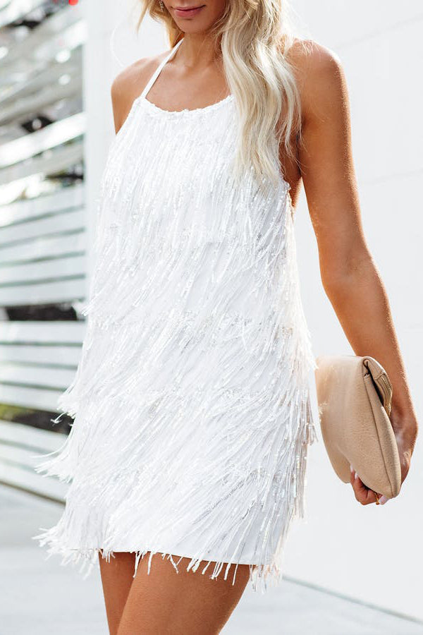 COSMIC SEQUIN FRINGE HALTER MINI DRESS - WHITE