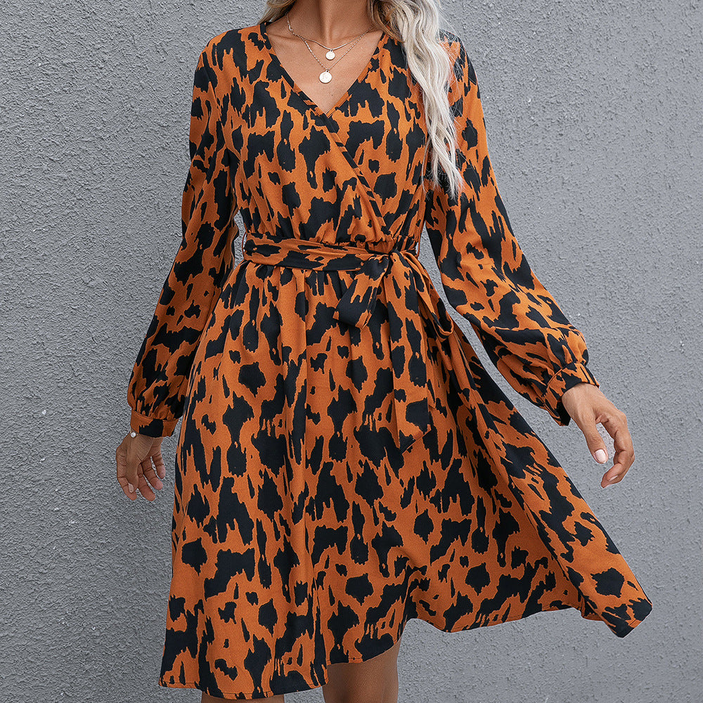 Leopard Print Lace-Up Crossover V-Neck Long Sleeve Dress