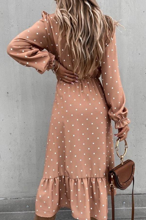 V-Neck Long Sleeve Polka Dot Slit Calf-Length Dress