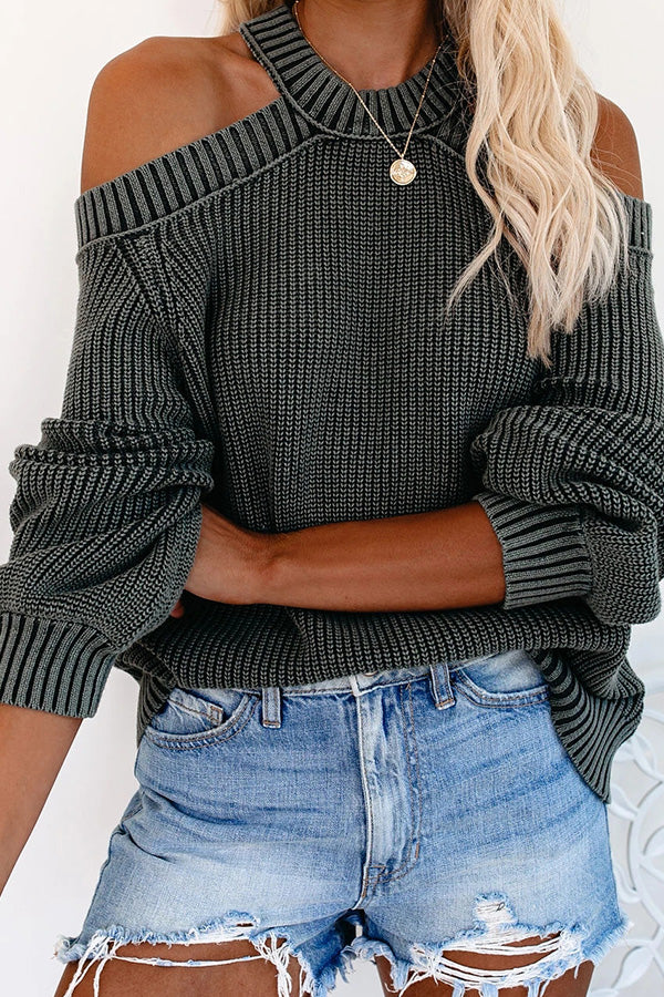Sexy off-shoulder solid color loose knit sweater