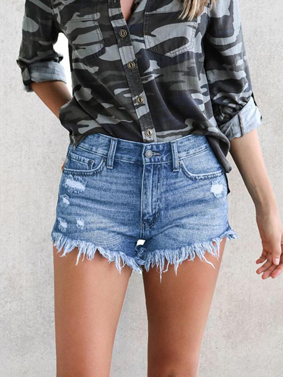 Ripped Fringed Stretch Denim Shorts