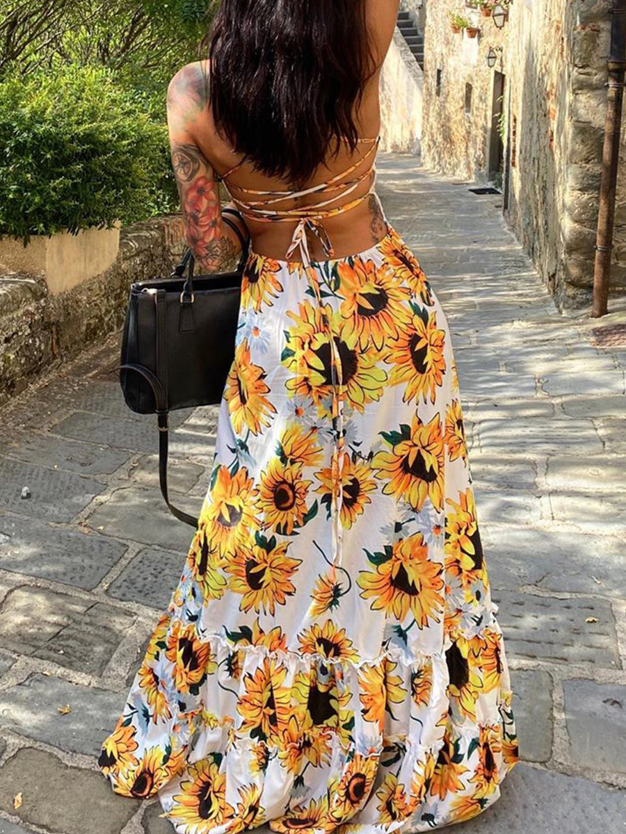 Open Back Print Bandage Maxi Dress