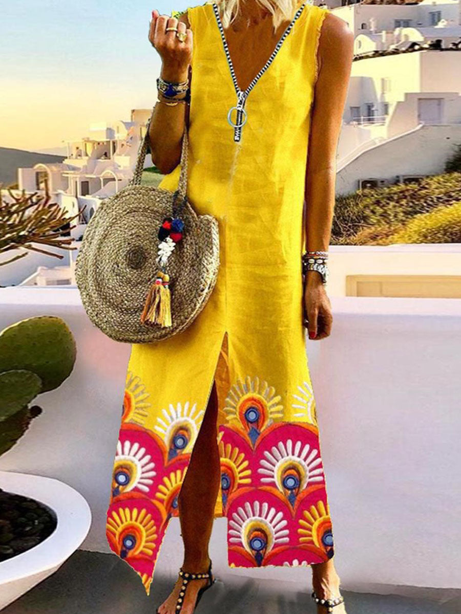 Embroidery Print Sleeveless Gold Maxi Dress