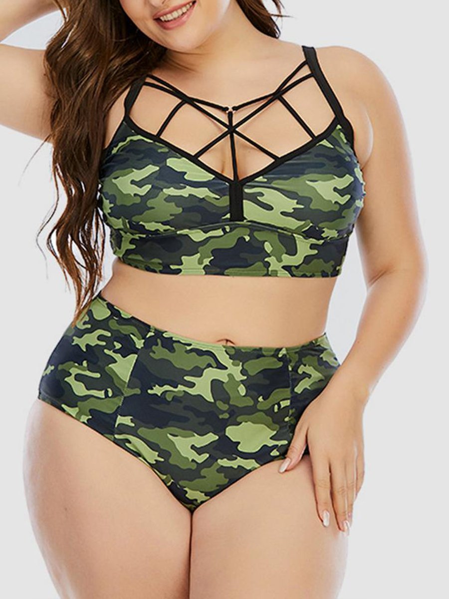 Boho Camo Print Bandage Hollow-out Design Two-piece Swimsuit