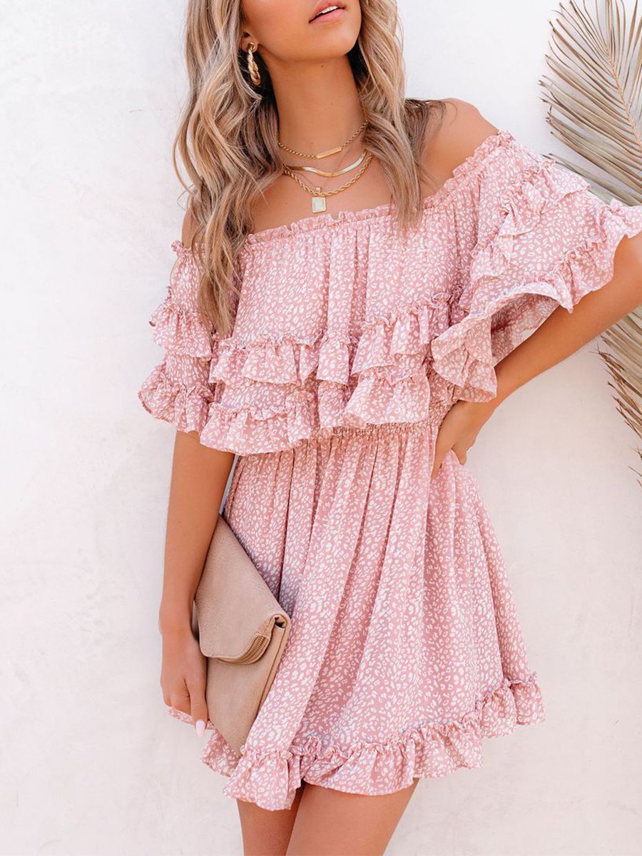 Off Shoulder Fashion Print Chiffon Mini Dress