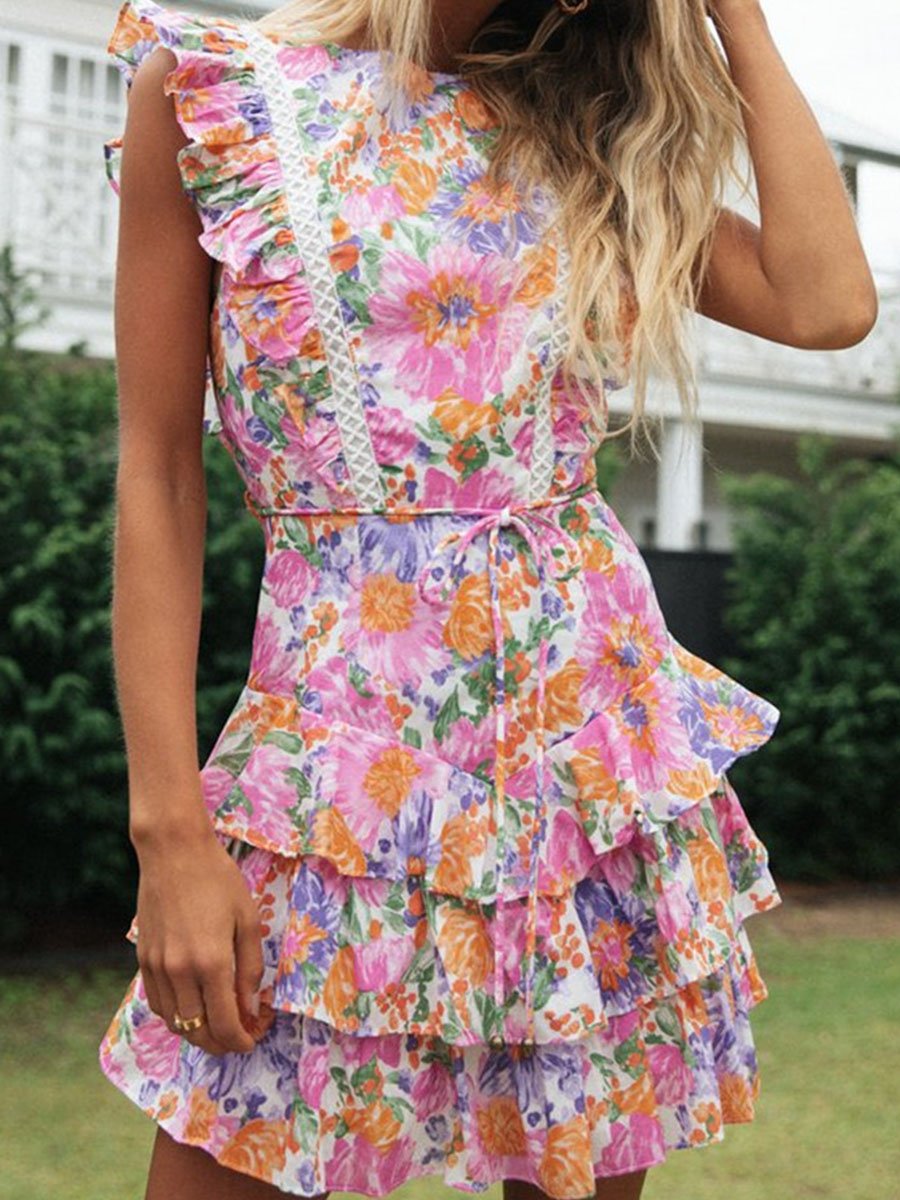 Women's Mini Dresses Ruffle Open-back A-line Floral Sleeveless Round Neck Daily Casual Mini Dress