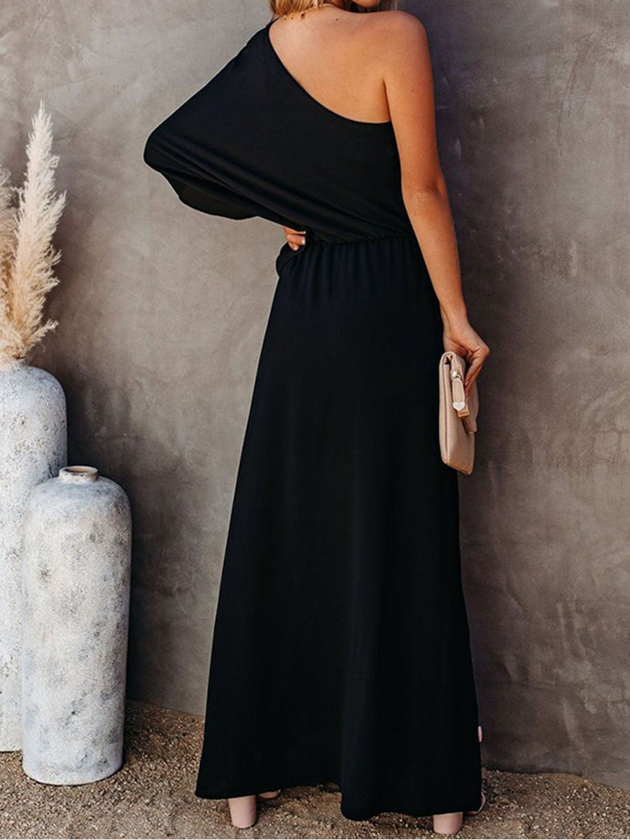 One-shoulder Solid Split Side Maxi Dress
