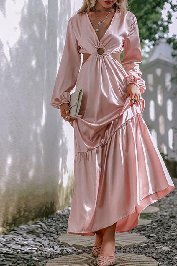 Satin V-neck Cut Out Maxi Dress