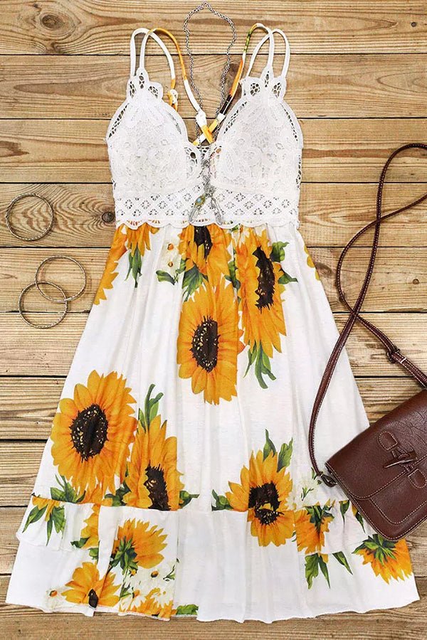 Summer Sexy Sling Floral Print Lace Mini Dress