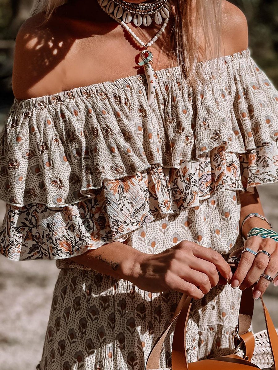 Off-the-shoulder Ruffle Smocked Print Maxi Dress