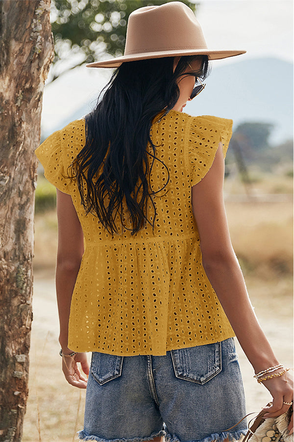 V-neck Lotus Leaf Sleeve Hollow Loose Women's Top