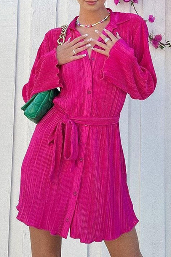 Crinkled Single-Breasted Mini Shirt Dress
