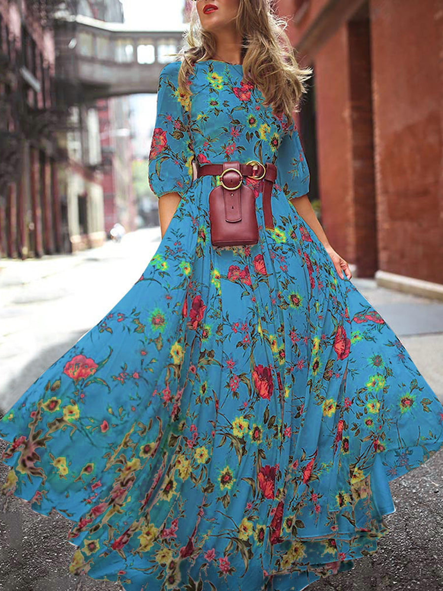Flower Print Mid-length Sleeve Dress