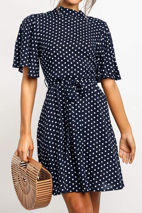 Flounce Sleeve Polka Dot High Neck Dress