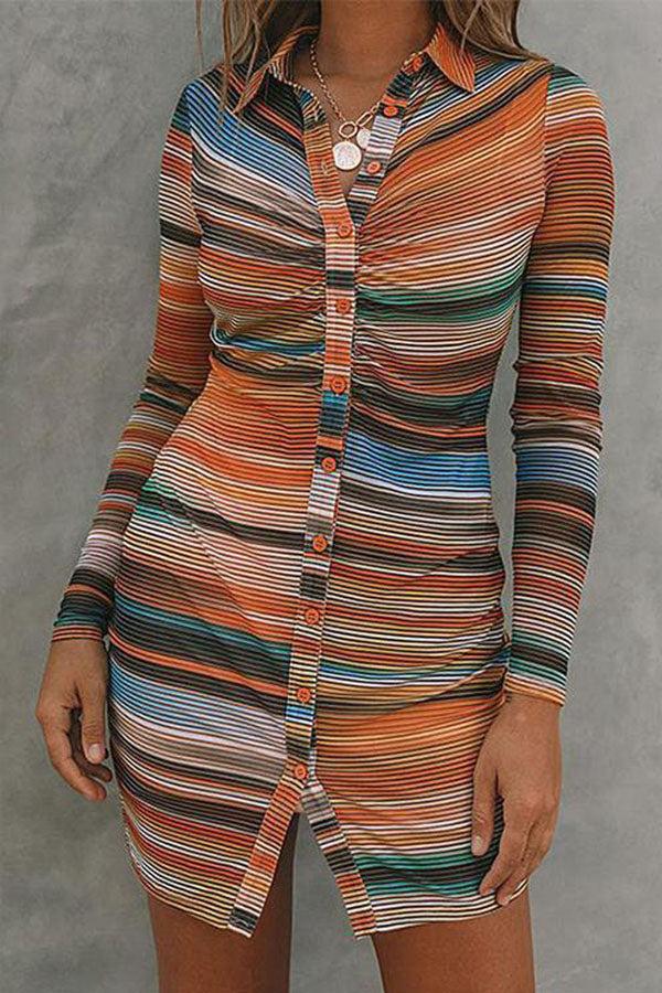Button Down Ruched Front Stripes Bodycon Dress