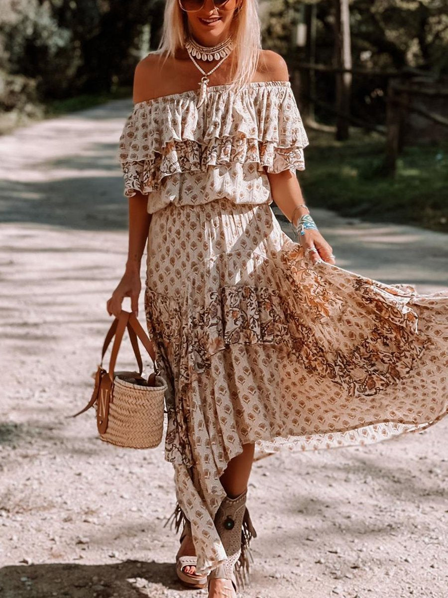 Off-the-shoulder Ruffle Smocked Print Maxi Dress