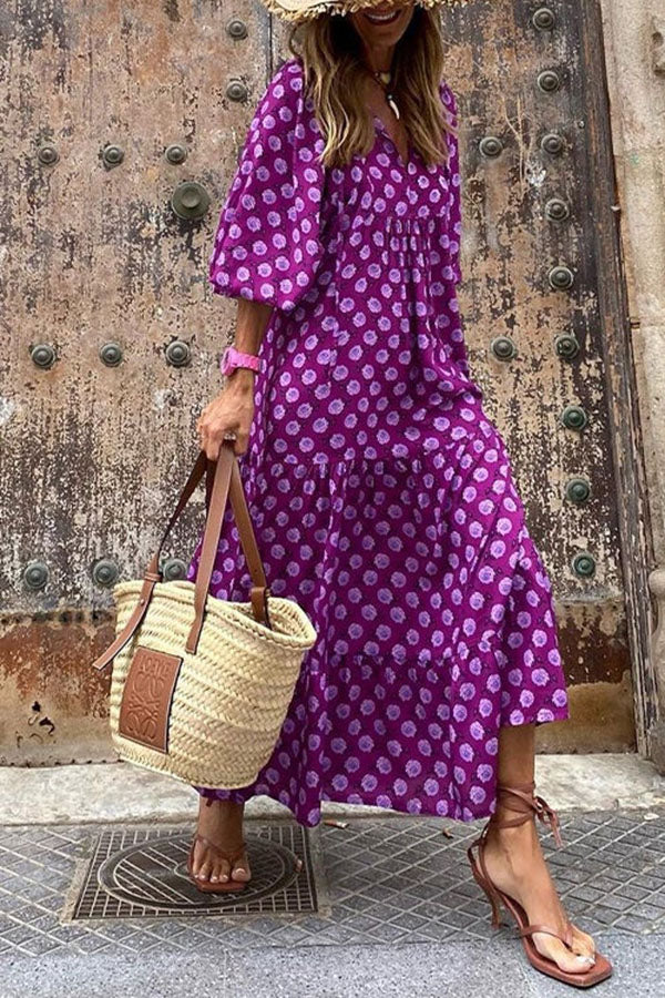 V Neck Lantern Sleeve Printed Ruffle Maxi Holiday Dress