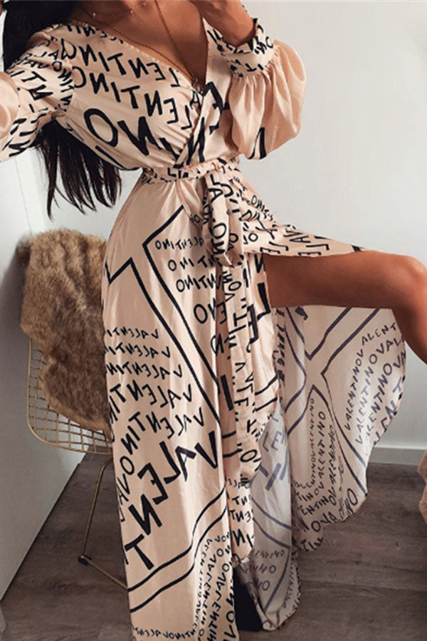 Sexy Printed Waist Fashion Slit Dress