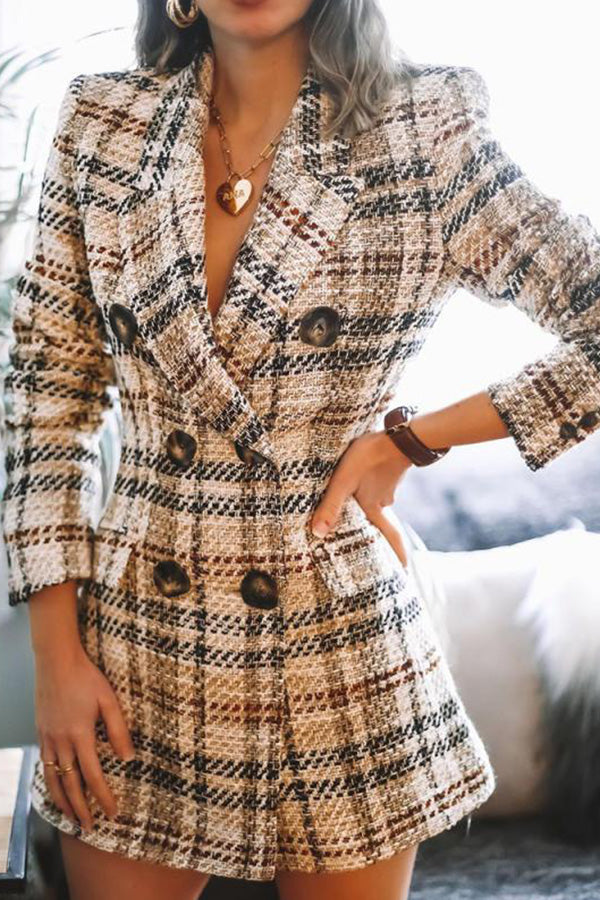 Double breasted printed Plaid Wool Coat