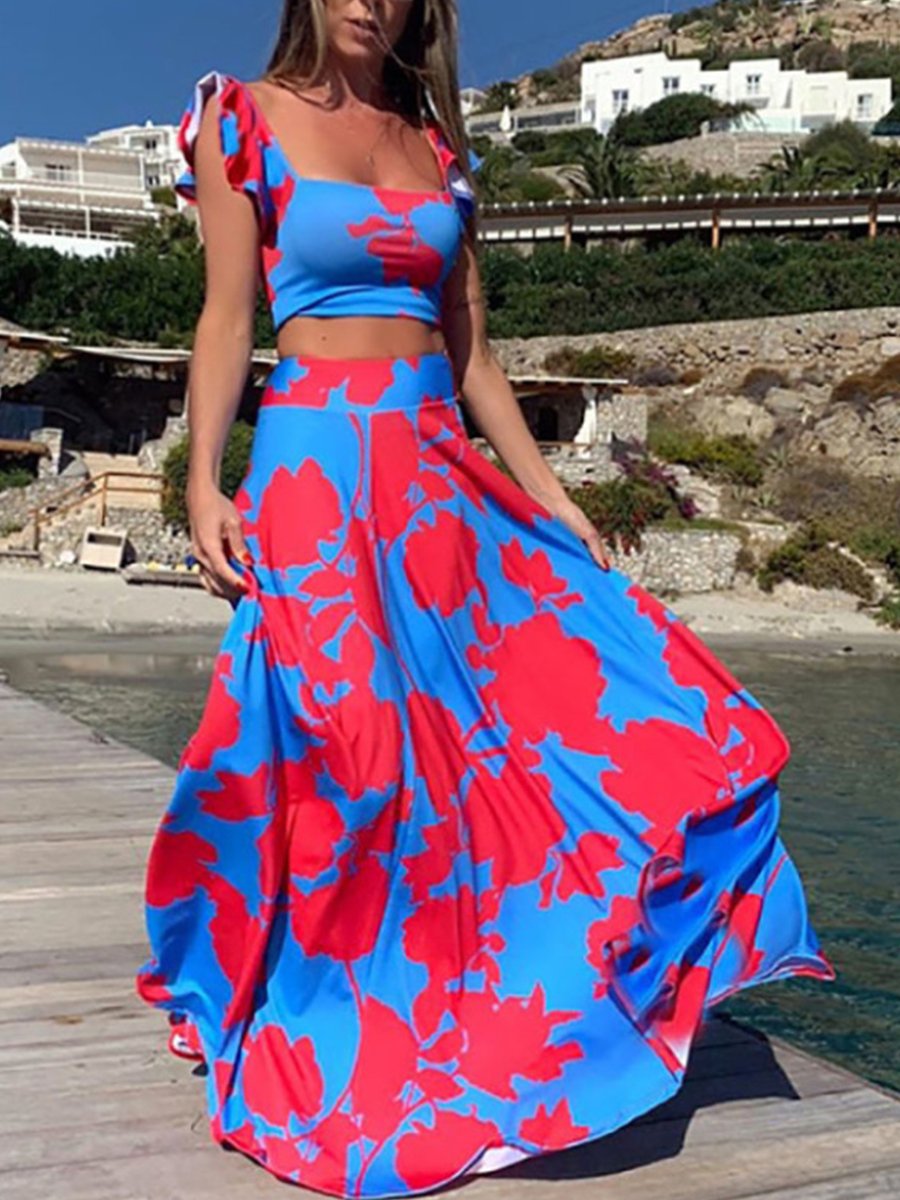 Strapless Sling Big Geometric Print Long Dress Suit