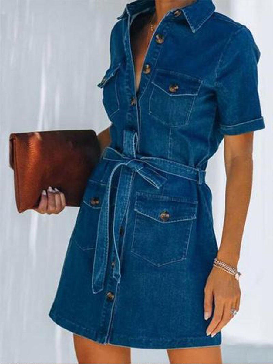 Solid Slim-fit Blue Denim Shirt Dress