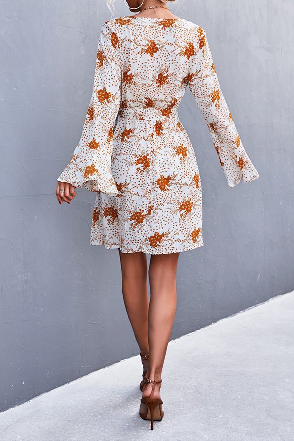 V-Neck Cross Flare Sleeves Printed Lace-Up Mini Dress