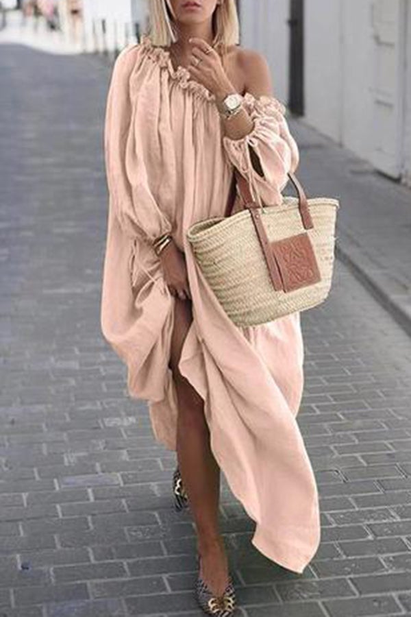 Solid Color Slanted Shoulder Off-the-shoulder Loose Dress