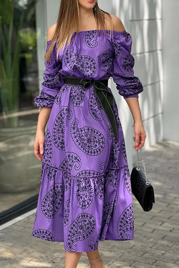 Dynamic Love Printed Off The Shoulder Midi Dress