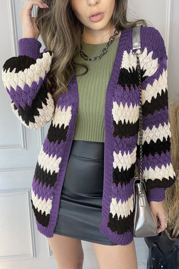 Casual Color Block Cable Knit Collarless Cardigan