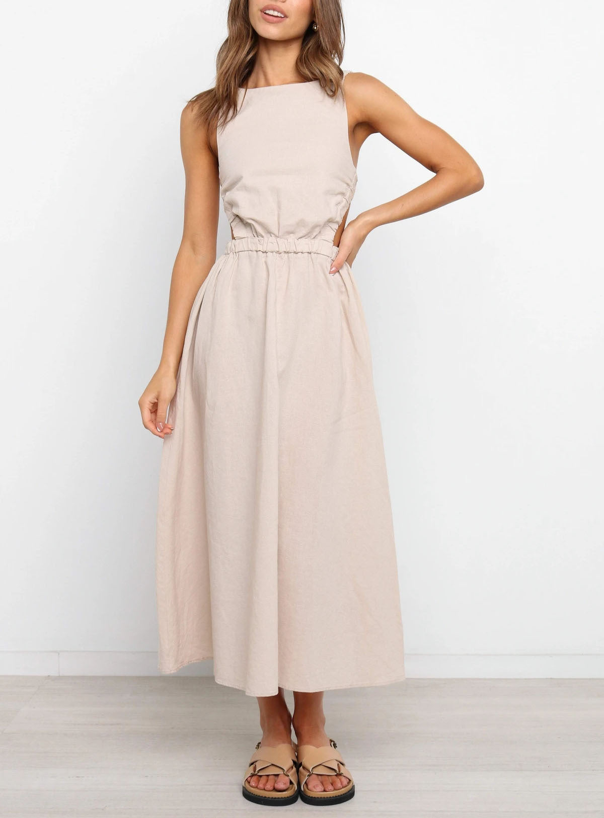Backless Solid Color Sexy Cotton Linen Dress