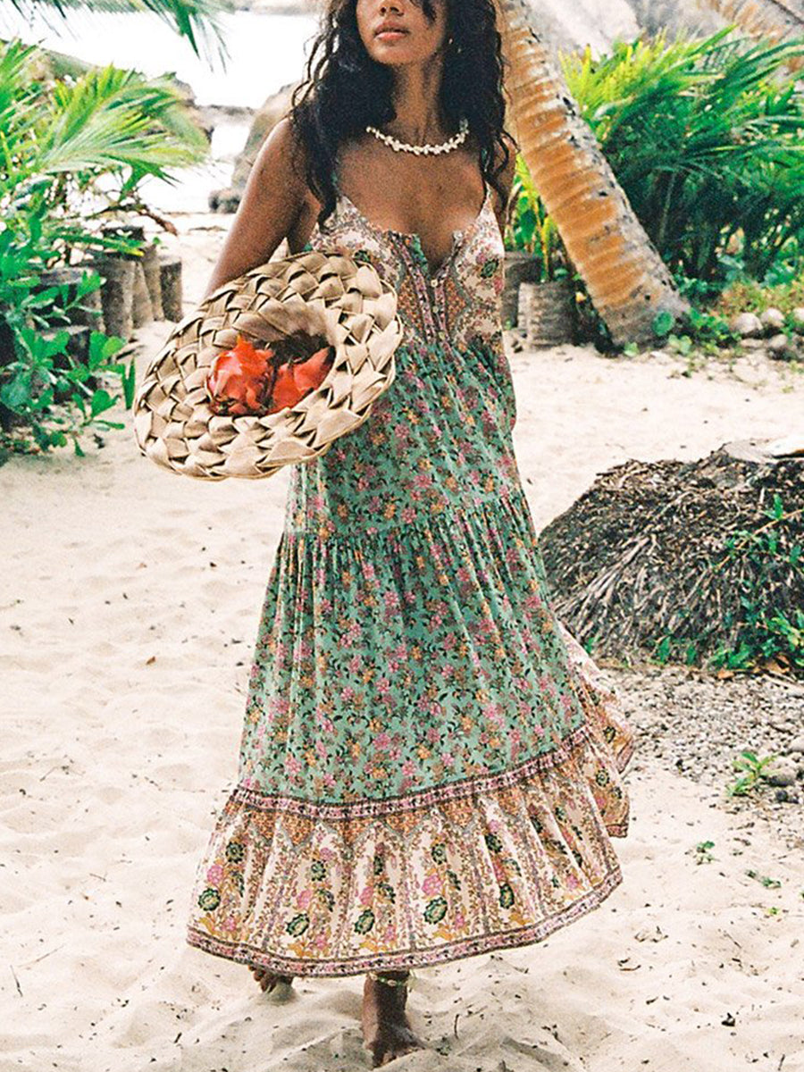 Sphagetti Straps U-neck bBoho Print Maxi Dress