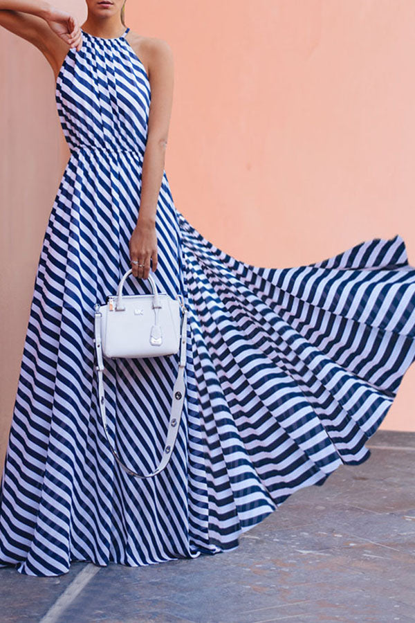 Sexy Sling Striped Print Maxi Dress