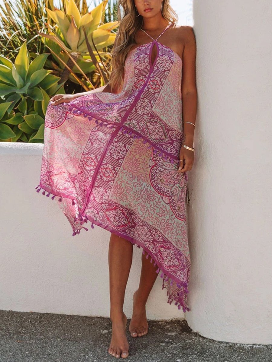 Bohemian Print Halterneck Strap Midi Dress