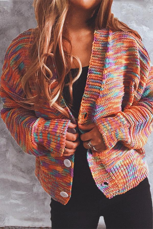 Color Single-breasted Long-sleeved Loose Knit Sweater Cardigan