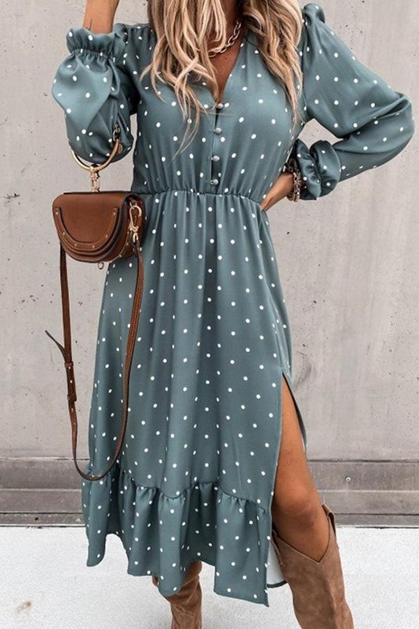 V-Neck Long Sleeve Polka Dot Slit Calf-Length Dress