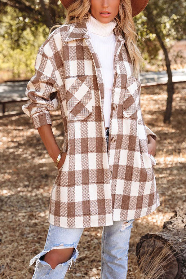 Checked Lapel Single-breasted Patch Pocket Midi Coat