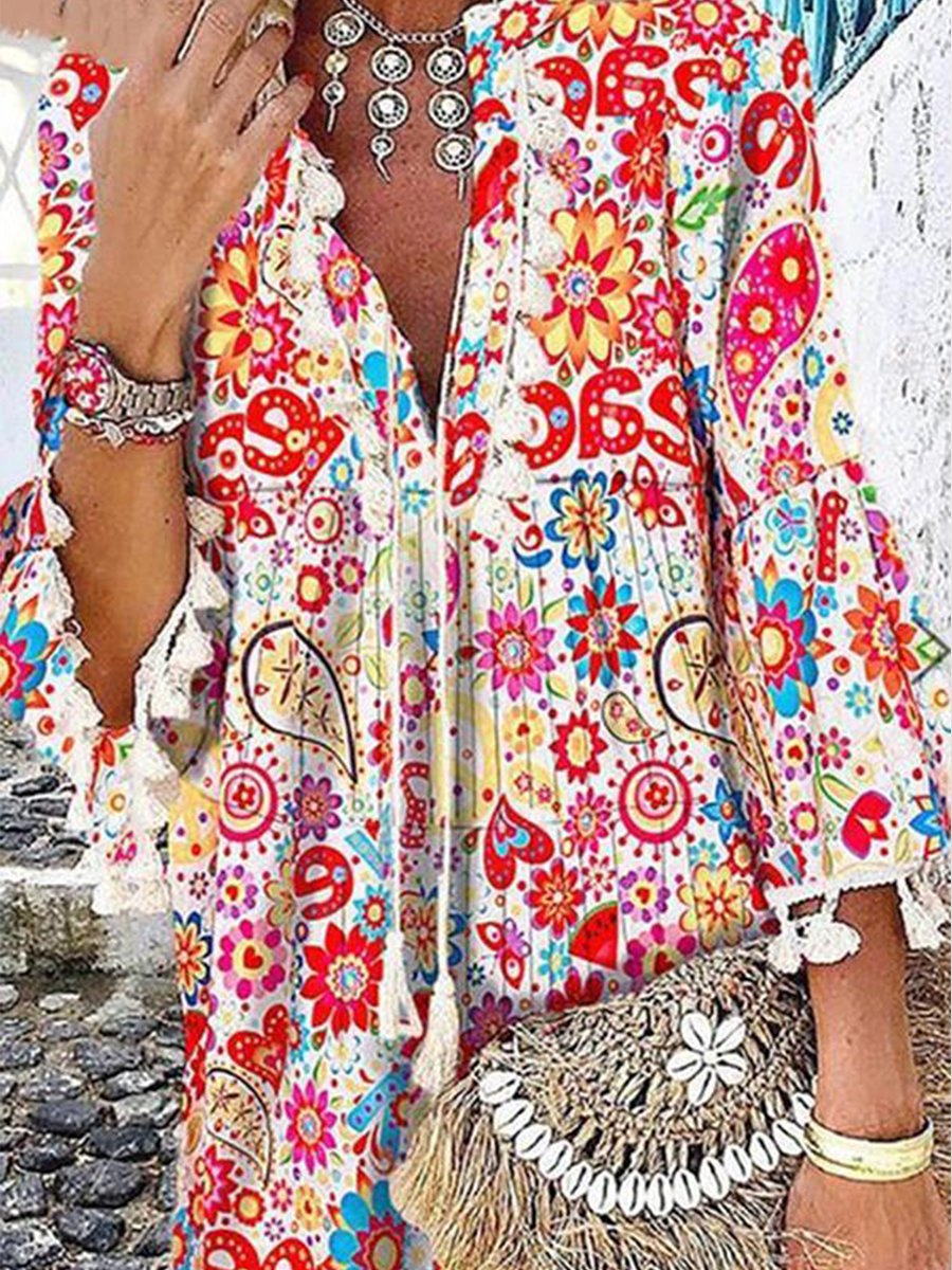 Color Printed V-neck Fringed Dress