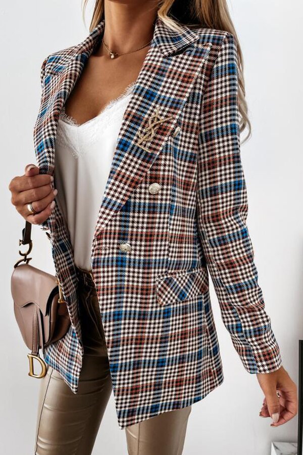 Casual Plaid Wide Collar Button Blazer