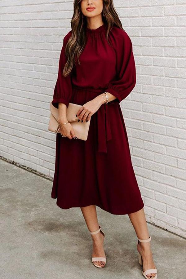 Solid Tie Waist Long Sleeve Swing Dress