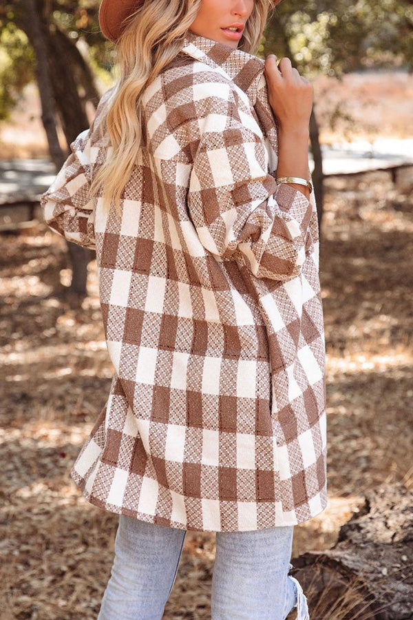 Checked Lapel Single-breasted Patch Pocket Midi Coat