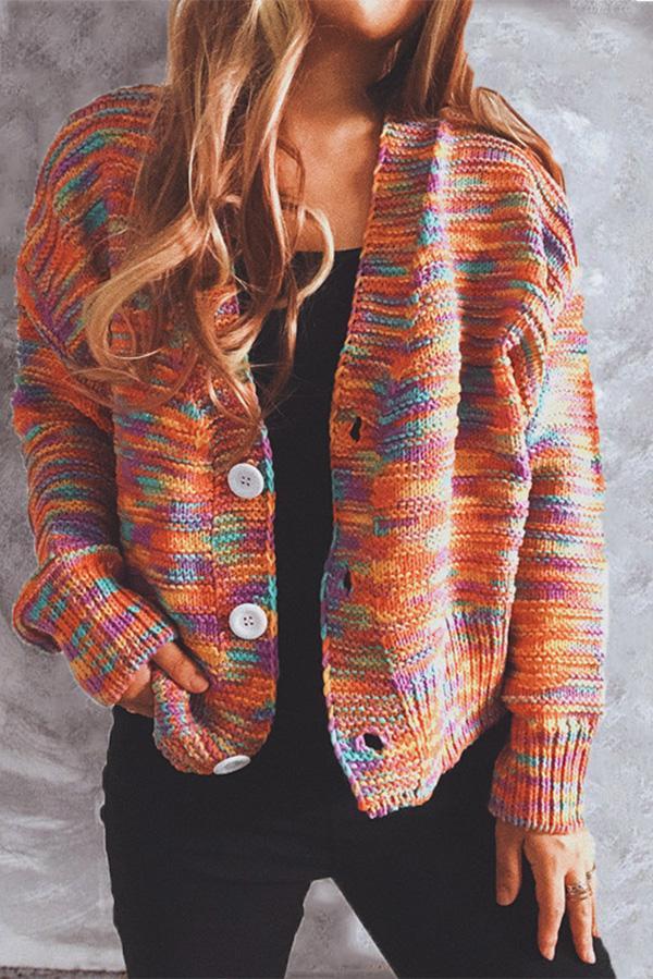 Color Single-breasted Long-sleeved Loose Knit Sweater Cardigan