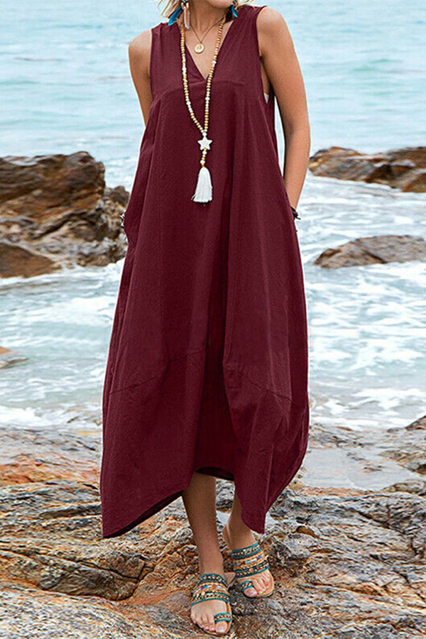 Women's Sleeveless Back-tie V Neck Pocket Loose Dress