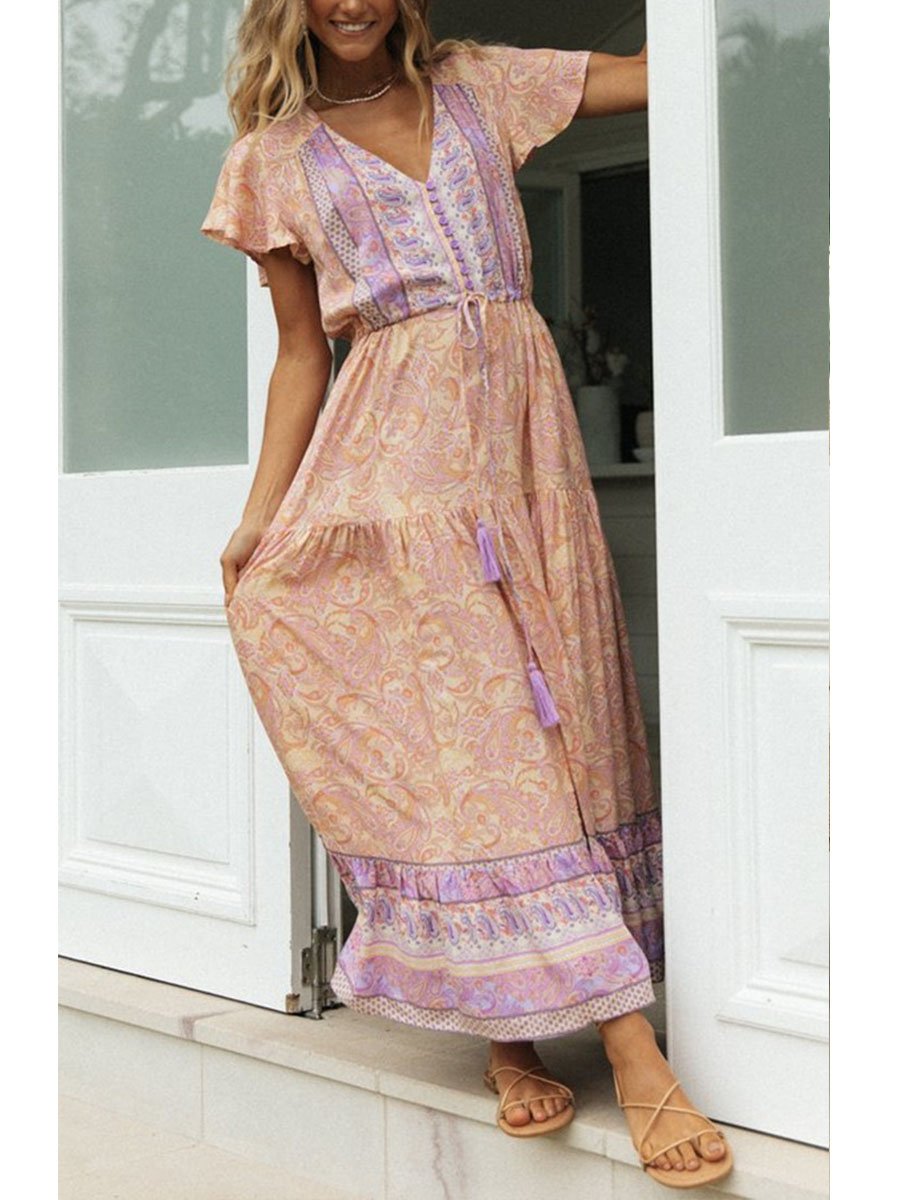 Women's Maxi Dresses Floral Short Sleeve A-line V Neck Button Belt Boho Daily Maxi Dress