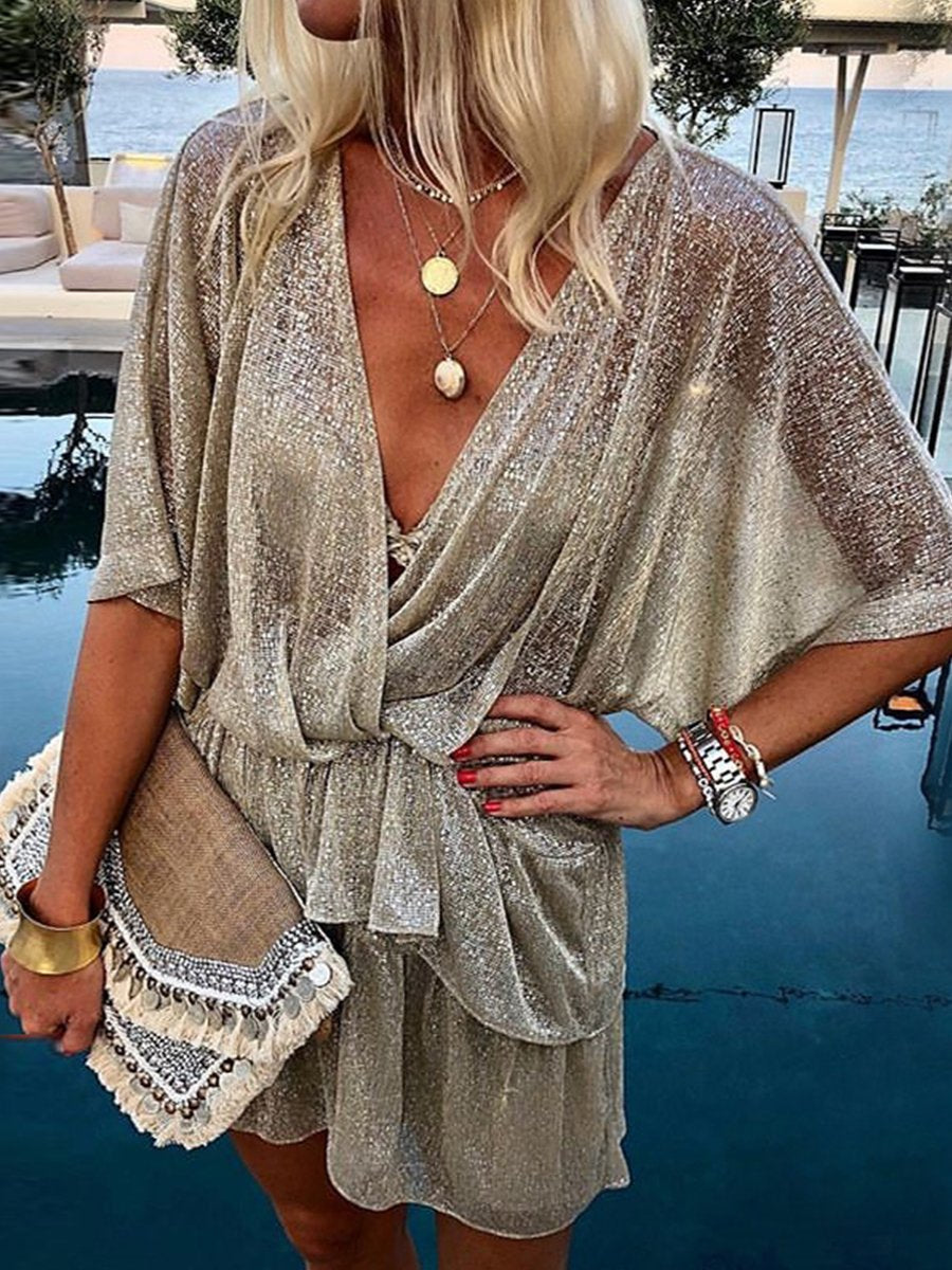 V-neck Bat Sleeve Shiny Pleated Dress
