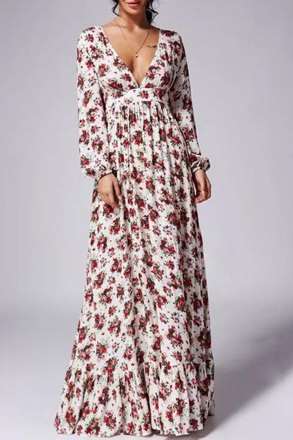 Multicolor Bohemian Floral Print Ruffle Deep V-neck Floor Length Boho Maxi Dress