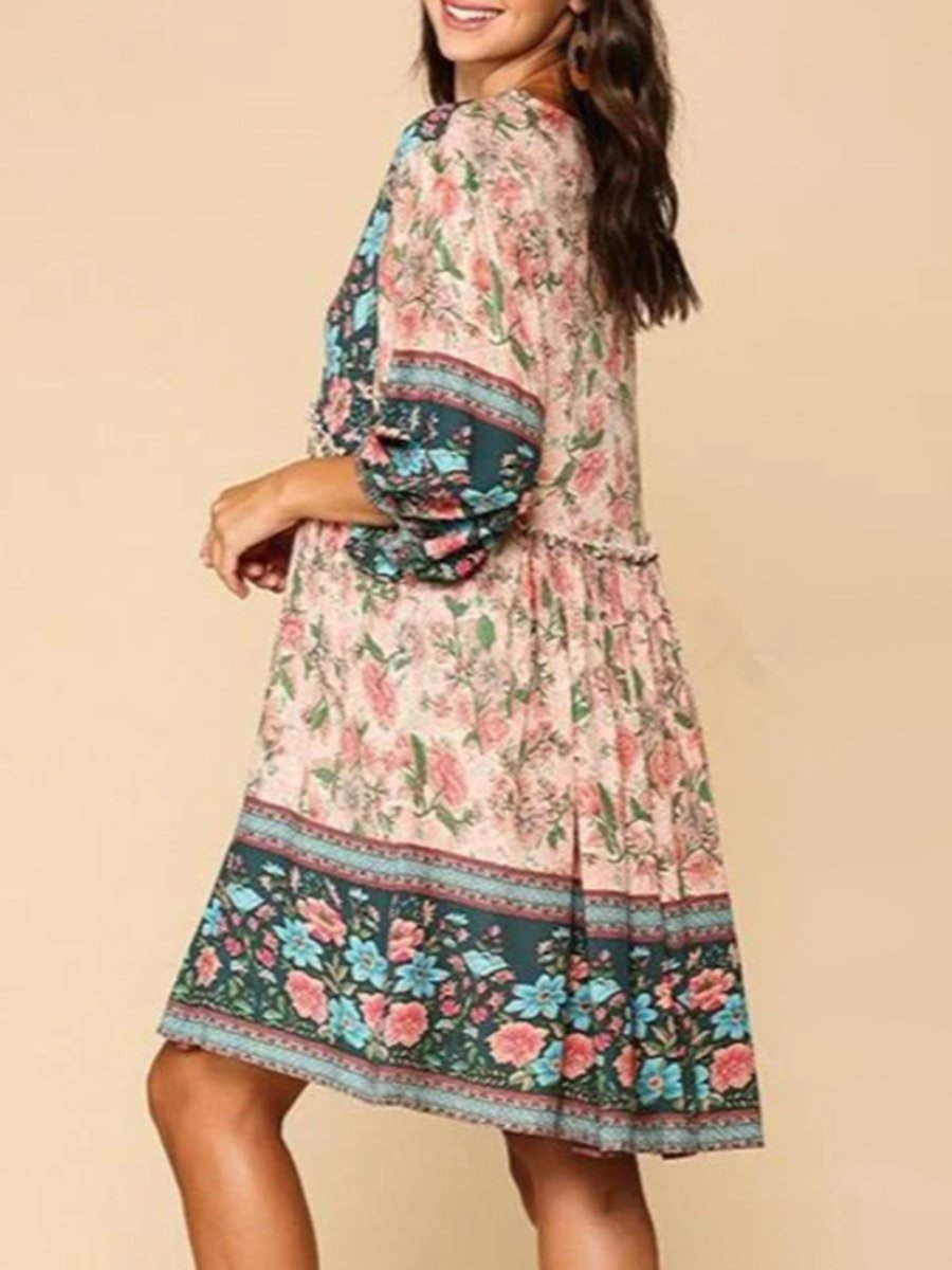 V-neck 3/4 Sleeve Boho Print Loose Mini Dress