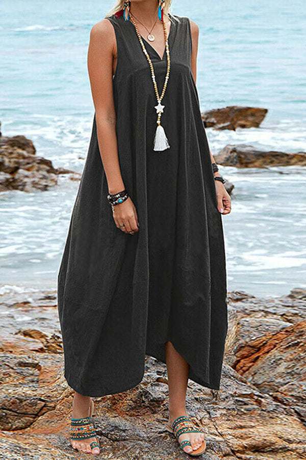 Women's Sleeveless Back-tie V Neck Pocket Loose Dress