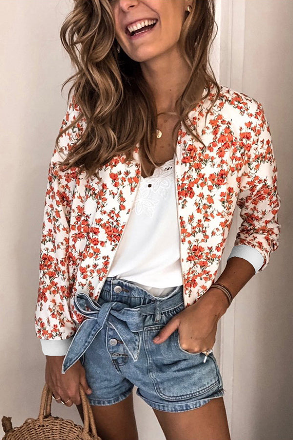 Round Neck Zipper Long Sleeve Printed Jacket