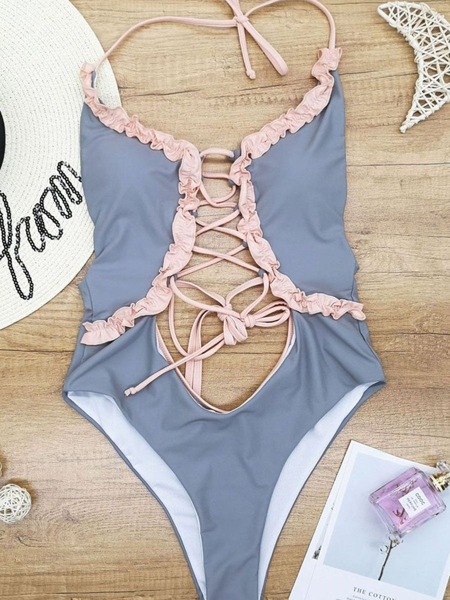 Hollow-out Design Flounce One-piece Swimsuit (2 Colors)