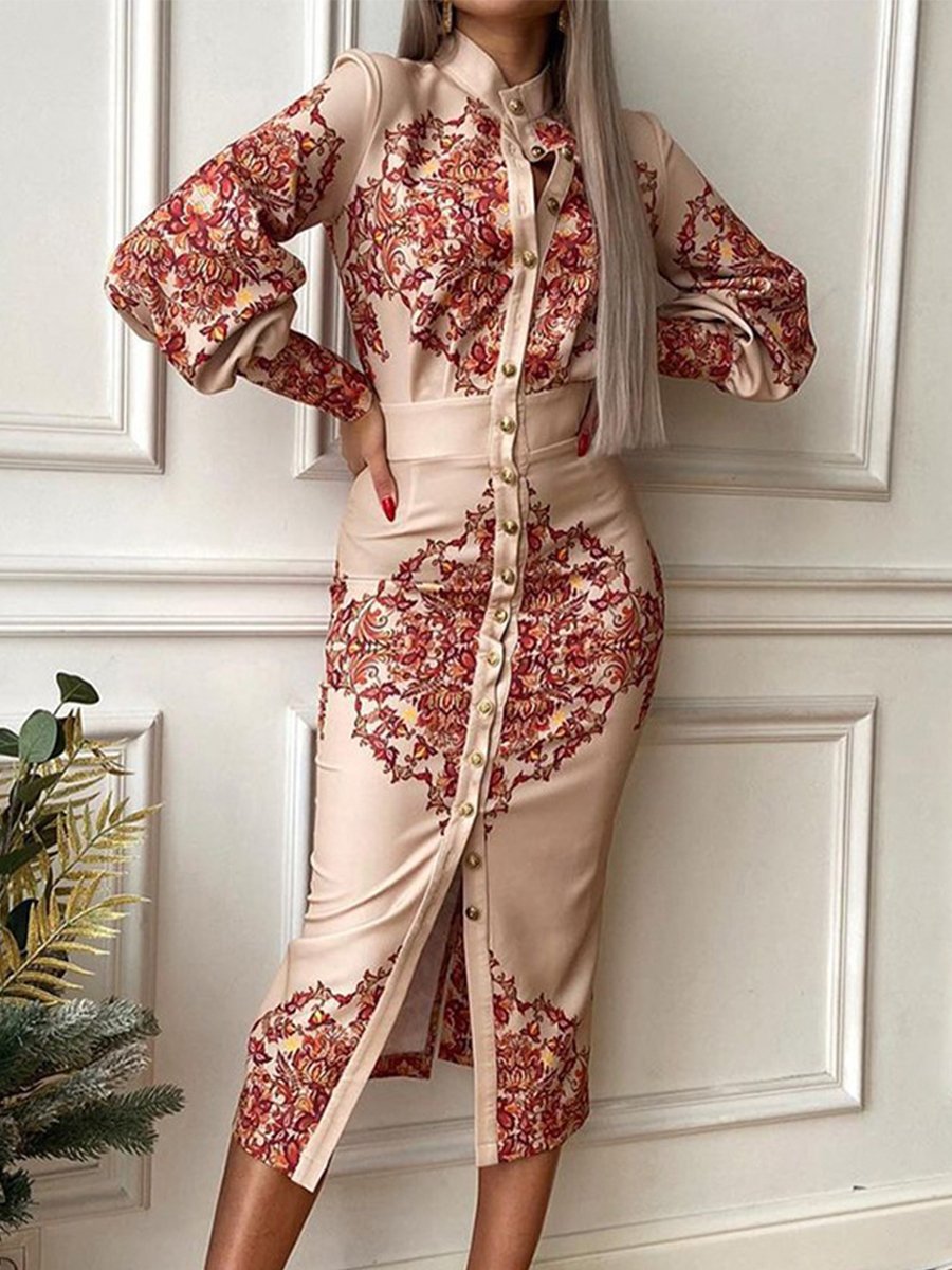 Stand up collar Print Long Sleeve Dress